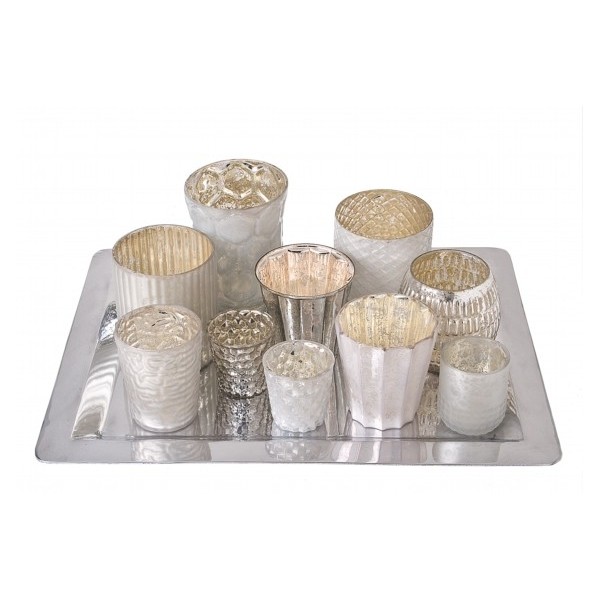 Mirror tile with four opaque silvery votives